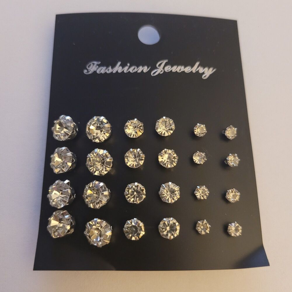Set of 12 Pair of Sparkling Stud Earrings With Mixed Sized Rhinestones